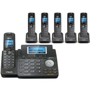 A picture of VTech DS6151-11 DECT 6.0 2-Line Expandable Cordless Phone + (5) DS6101-11, another most reliable phone among the best cordless phone with 5 handsets 
