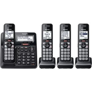 An image of 
Panasonic Cordless Phone with Advanced Call Block, One-Ring Scam Alert, a top model with 4 handsets and answering machine among the best cordless Panasonic phones 