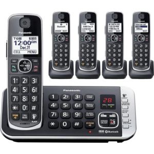 A picture of Panasonic Link2Cell Bluetooth DECT 6.0 Expandable Cordless Phone System with Answering Machine (KX-TGE675B), one of the best cordless Panasonic Phones 