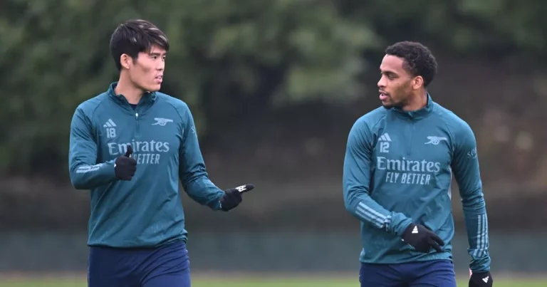 Takehiro Tomiyasu and Jurrien Timber training/Getty Images