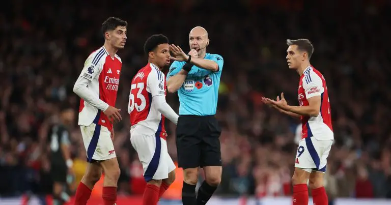 Anthony Taylor disallowing a late Arsenal goal against Liverpool/Getty Images